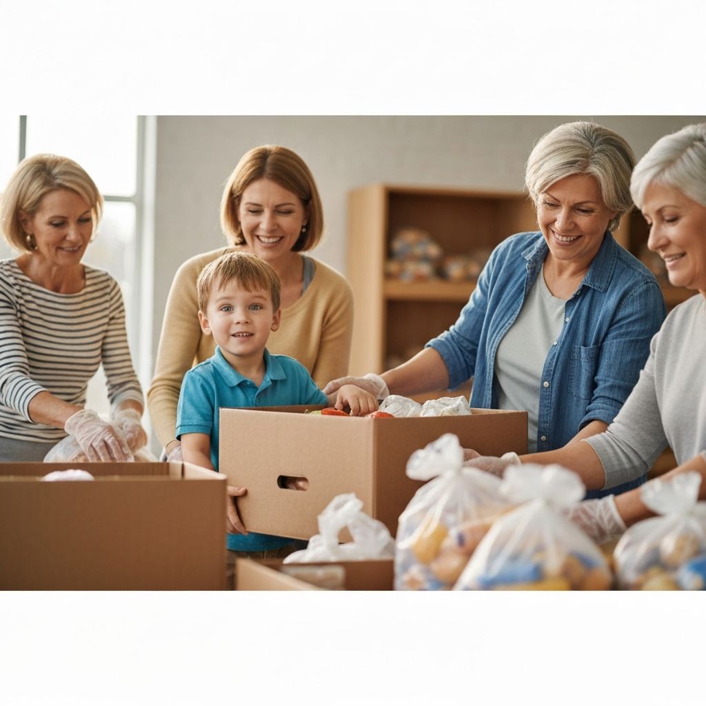 Family volunteering at food bank
